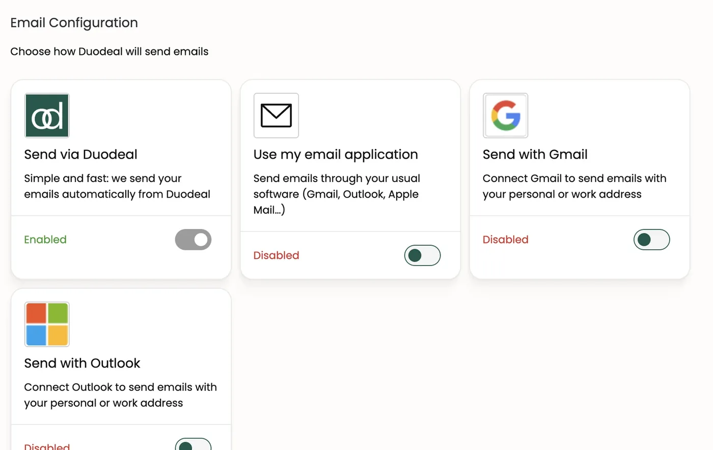 The Emails configuration page
