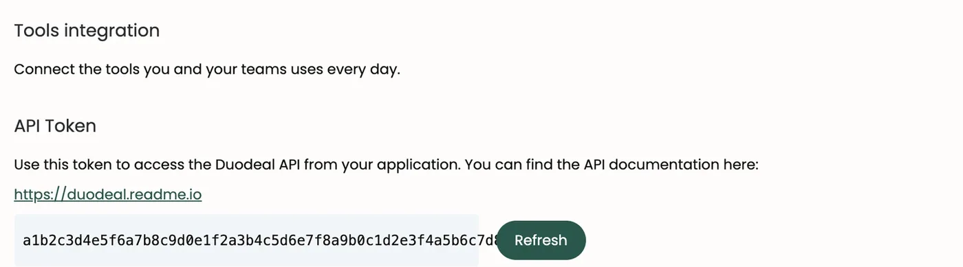The Tool Integrations page (sample key)