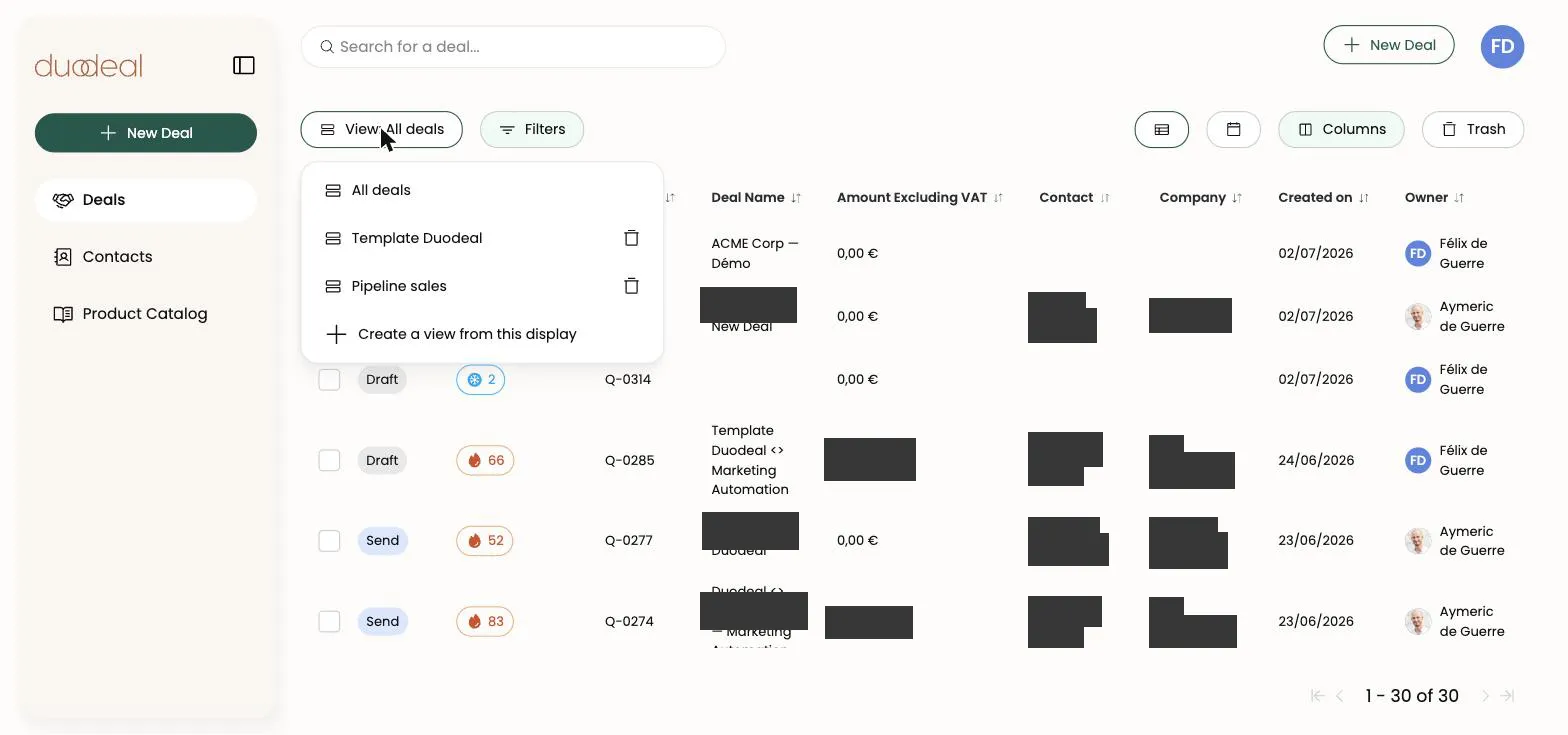 Menu des vues enregistrées