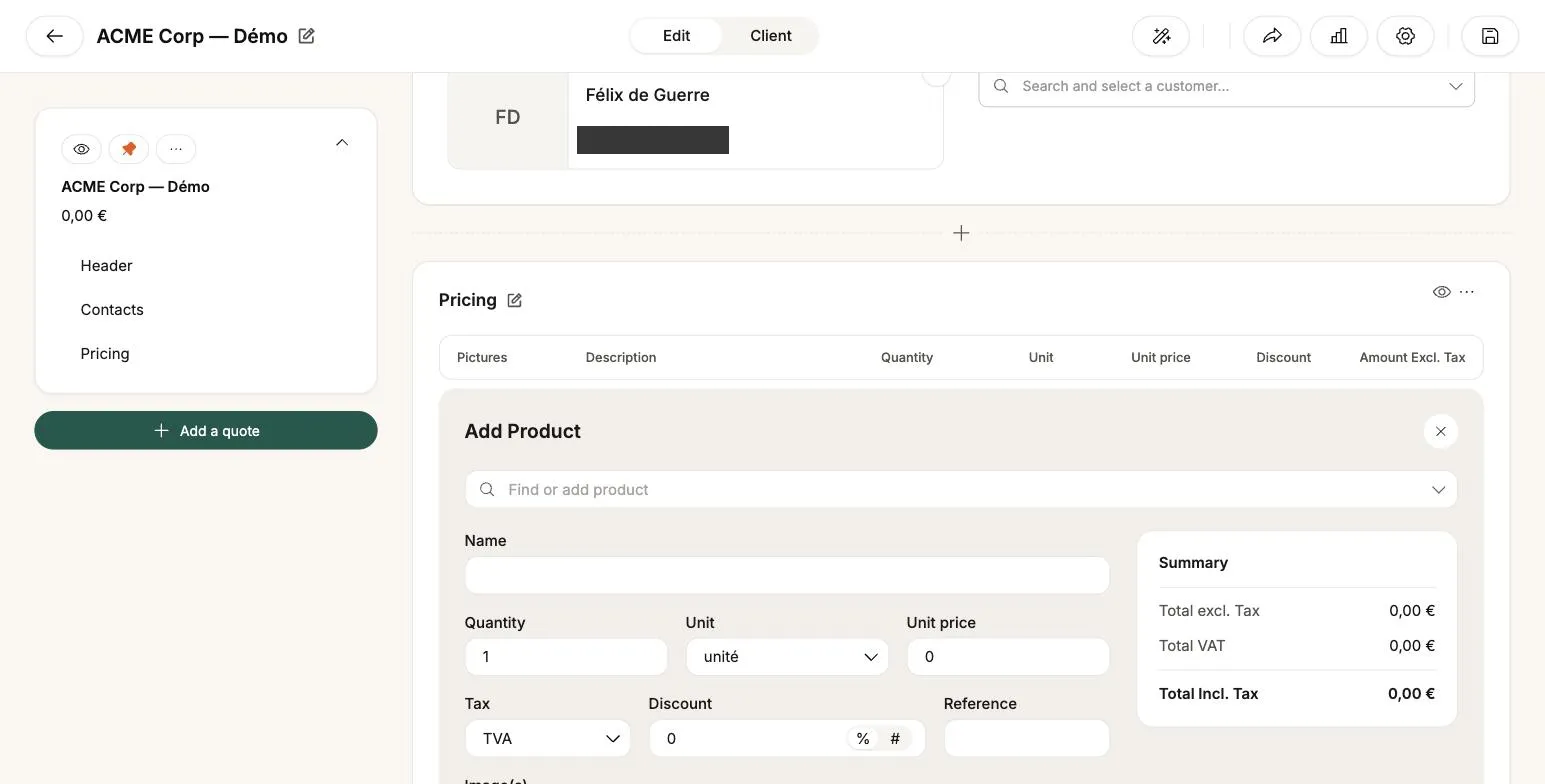 Tableau de prix avec le menu Add line