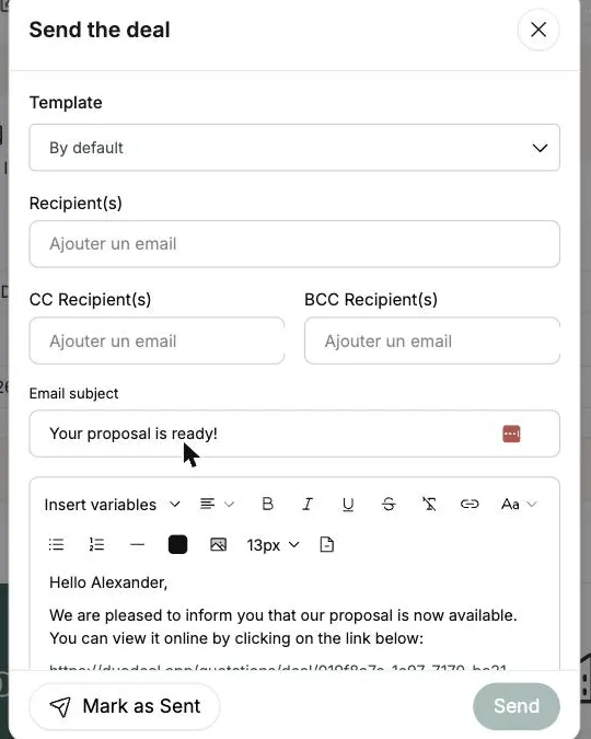 La même proposition vue par le client via un lien « sans prix » : les montants ont disparu du tableau