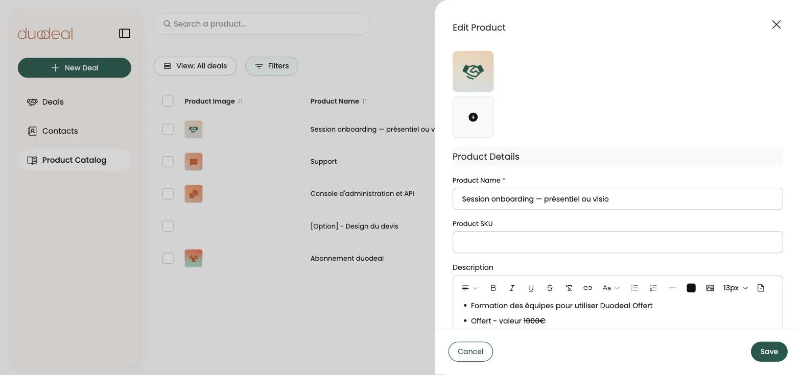 Sélecteur de client ouvert dans la section Contacts d'un deal