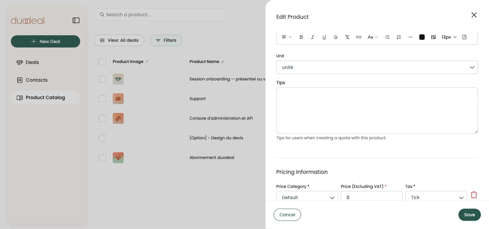 Page du catalogue produits