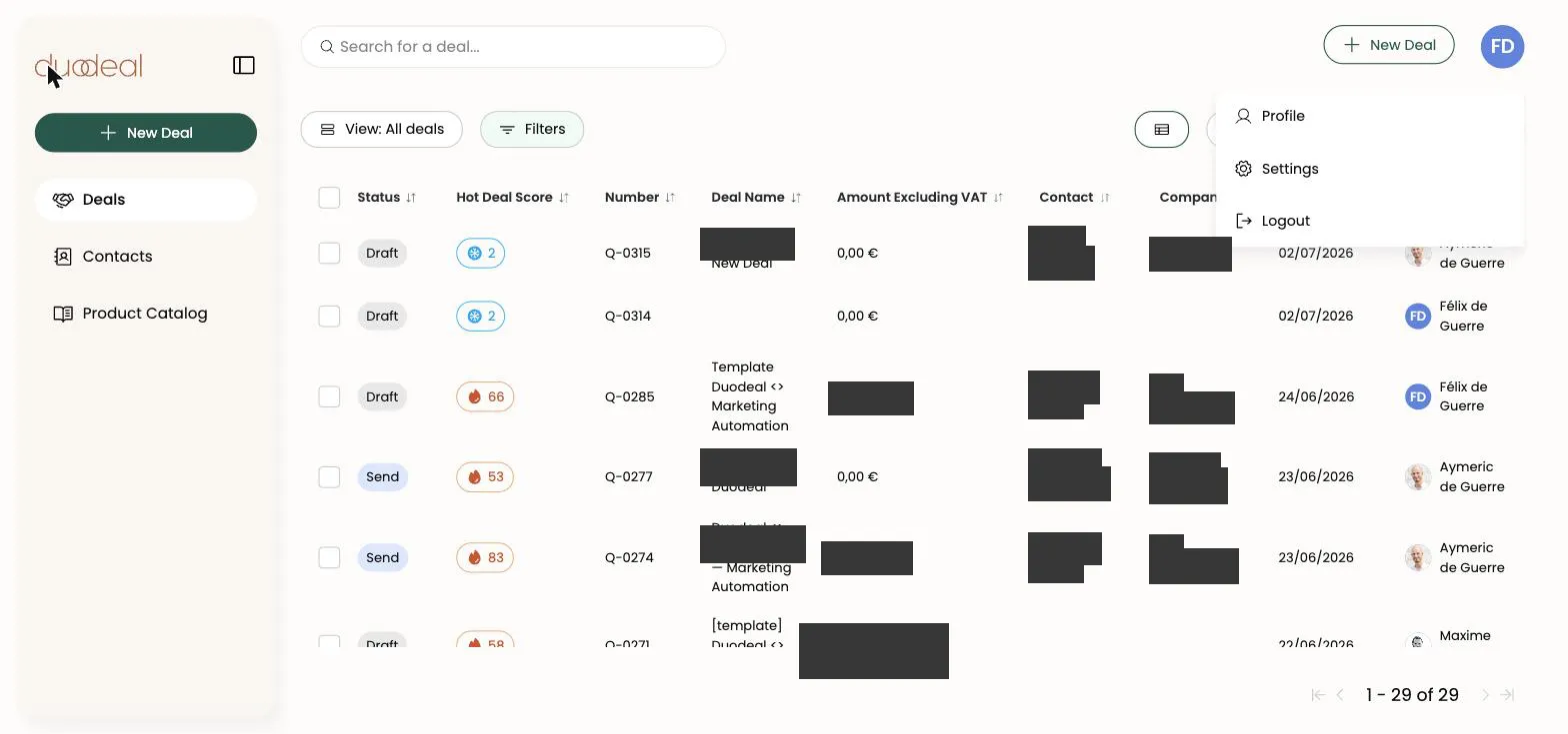 Menu du profil ouvert