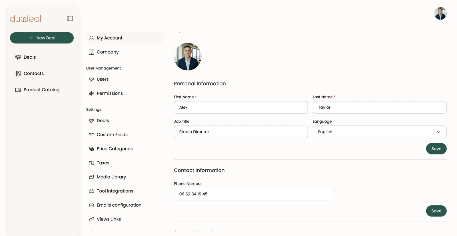 Page Paramètres de Duodeal affichant l'onglet Mon compte où se trouvent les réglages d'entreprise
