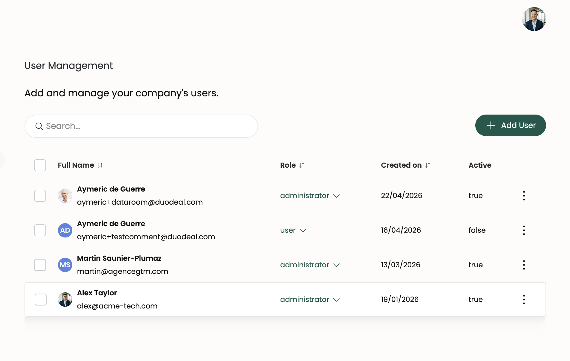 Liste de gestion des utilisateurs Duodeal avec le bouton Ajouter un utilisateur