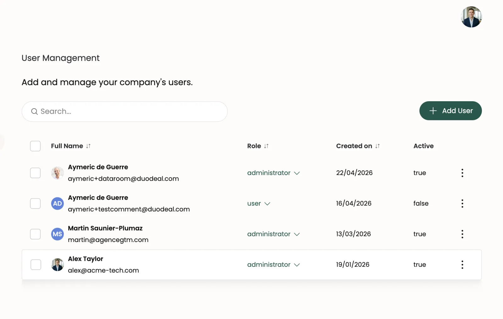 Liste de gestion des utilisateurs Duodeal avec le bouton Ajouter un utilisateur