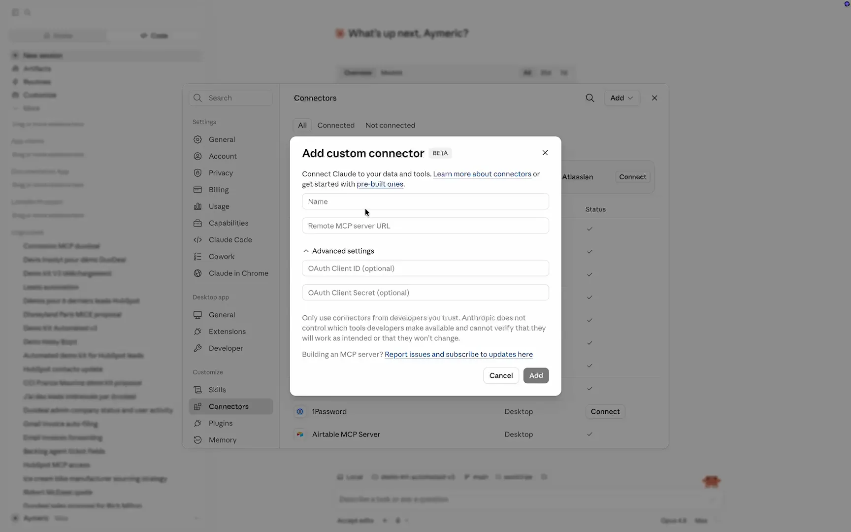 La fenêtre Ajouter un connecteur personnalisé de Claude, ouverte sur la page des Connecteurs