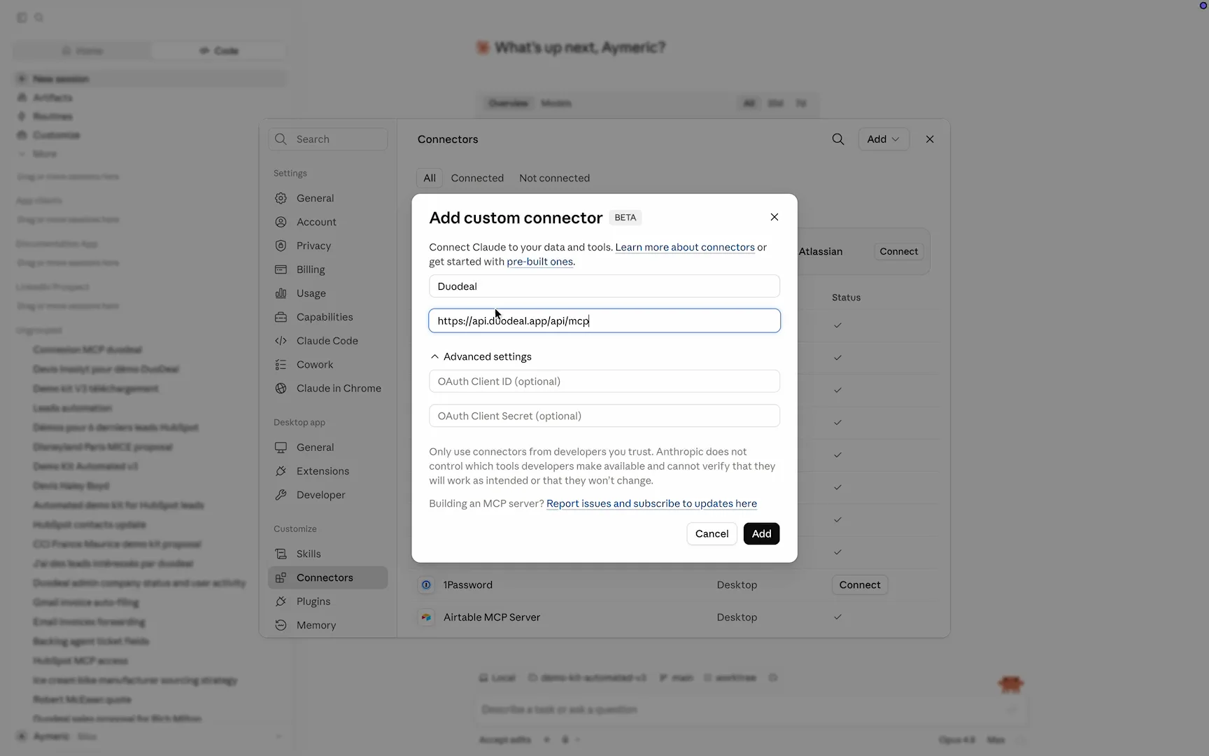 La fenêtre du connecteur avec le nom Duodeal et l'URL du serveur MCP renseignés