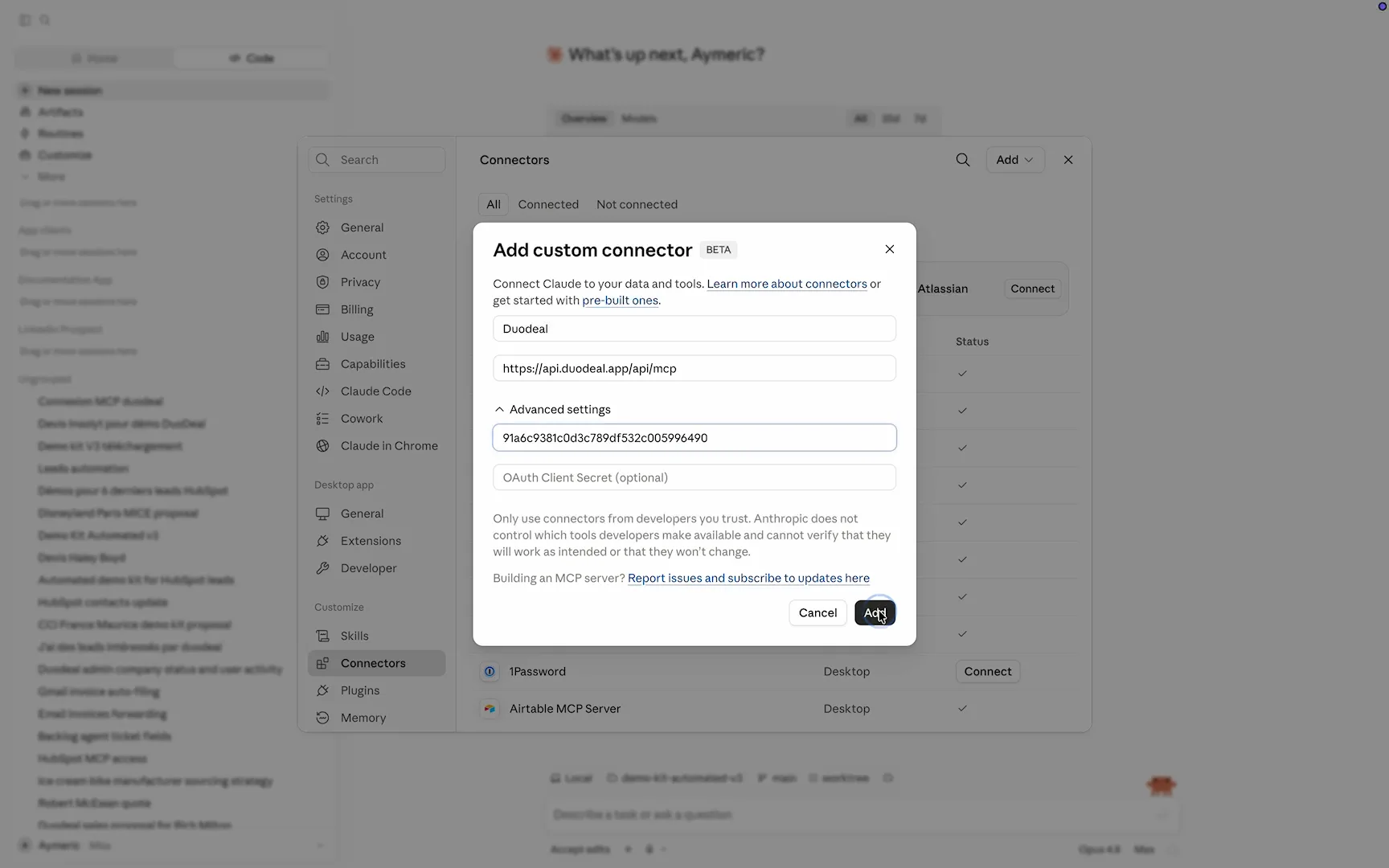 La section Paramètres avancés avec le champ OAuth Client ID rempli et le bouton Ajouter mis en évidence