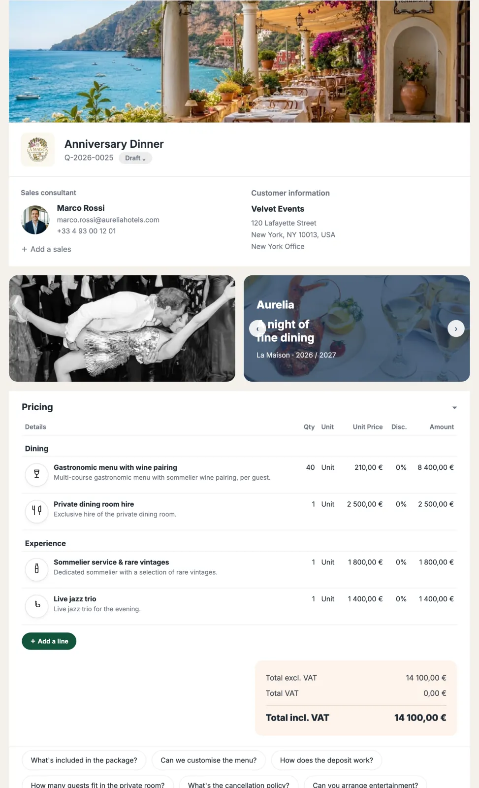 A branded Duodeal proposal preview, La Maison Restaurant