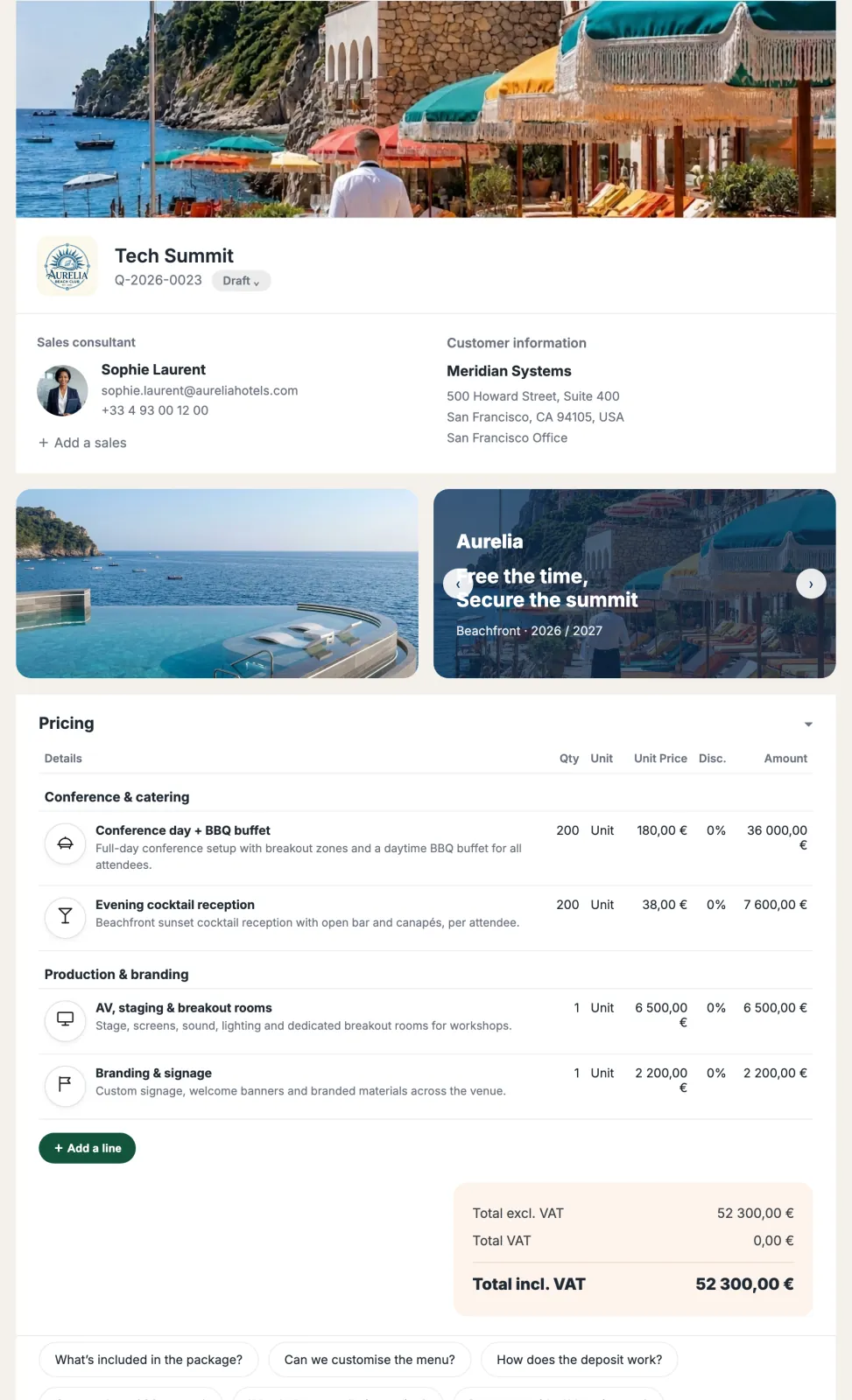 A branded Duodeal proposal preview, Aurelia Beach Club